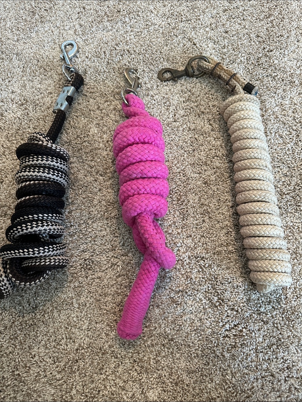 Set of 3 Braided Rope Lead Ropes – Hot Pink, Black/White/brown, Natural